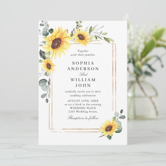 Invitation Elégant Sunflower Eucalyptus Mariage Photo Code QR (Debout devant)