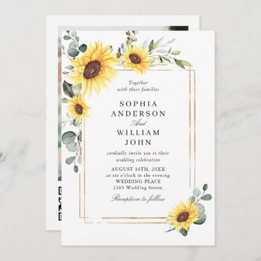 Invitation Elégant Sunflower Eucalyptus Mariage Photo Code QR (Devant / Derrière)