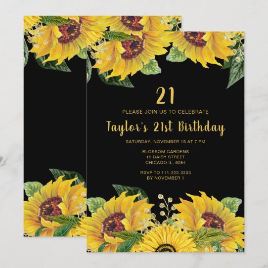 Invitation Elegant Sunflowers and Foliage Birthday Party (Devant / Derrière)