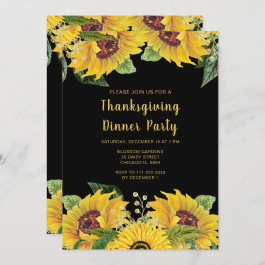 Invitation Elegant Sunflowers and Foliage Thanksgiving Party (Devant / Derrière)