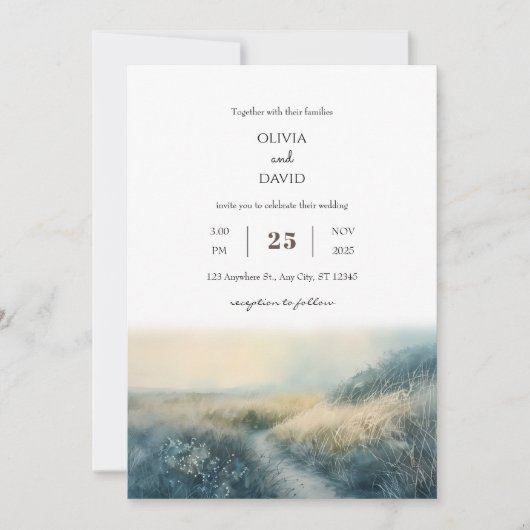 Invitation Elégant Sunrise Misty Coastal Path Plage Mariage (Devant)