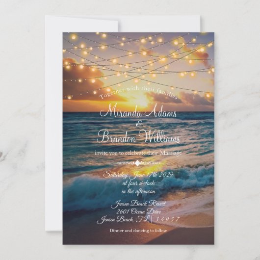 Invitation Elégant Sunset Beach String Lights Mariage été (Devant)