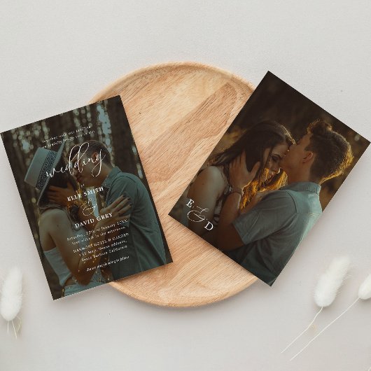 Invitation Élégant superposition 2 script photo Mariage Monog