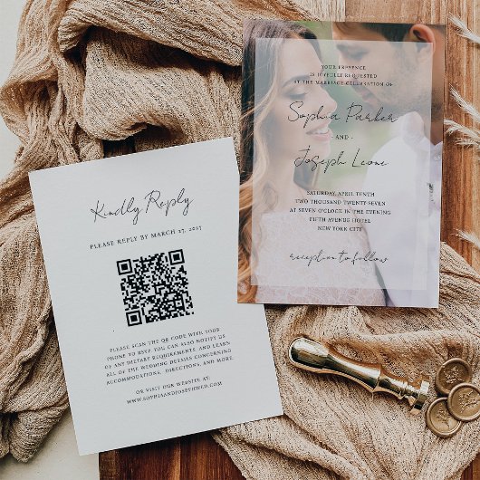 Invitation Élégant superposition photo et Mariage de code QR