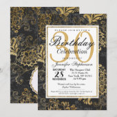 Invitation Elégant Swanky Faux Gold, Black & Grey Floral (Devant / Derrière)