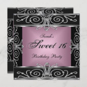 Invitation Élégant Sweet 16 Anniversaire rose noir argent (Devant / Derrière)