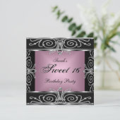 Invitation Élégant Sweet 16 Anniversaire rose noir argent (Debout devant)