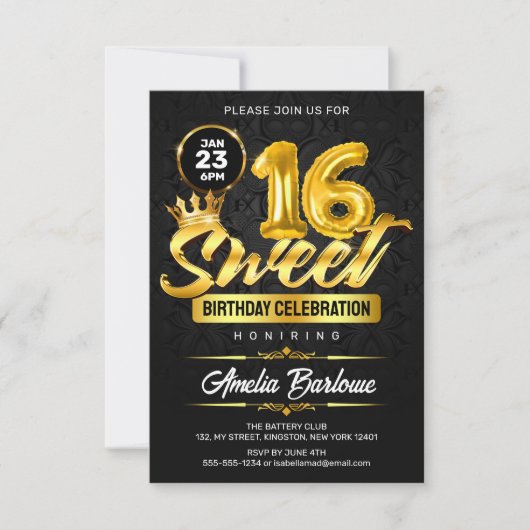 Invitation Élégant Sweet 16 Black and Gold Premuim (Devant)