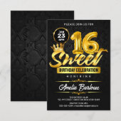 Invitation Élégant Sweet 16 Black and Gold Premuim (Devant / Derrière)