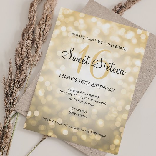Invitation Élégant Sweet 16 Lumières Parties scintillant Or A