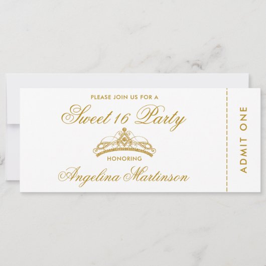 Invitation Élégant Sweet 16 Party Gold et blanc Ticket (Devant)