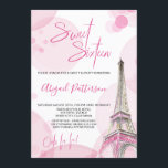 Invitation Elégant Sweet 16 Rose Blanc Paris Anniversaire<br><div class="desc">Élégant Sweet 16 Invitations en rose et blanc ceint. L'aquarelle de la Tour Eiffel présente des reflets roses et dorés, encadrés d'un amusant bokeh rose. Sweet sixteen, Ooh la la ! et le nom de la fille d'anniversaire sont écrits à la main en rose, tandis que les détails de votre...</div>