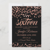 Invitation Elégant Sweet 16 Rose Gold & Black Foil Confetti (Devant)