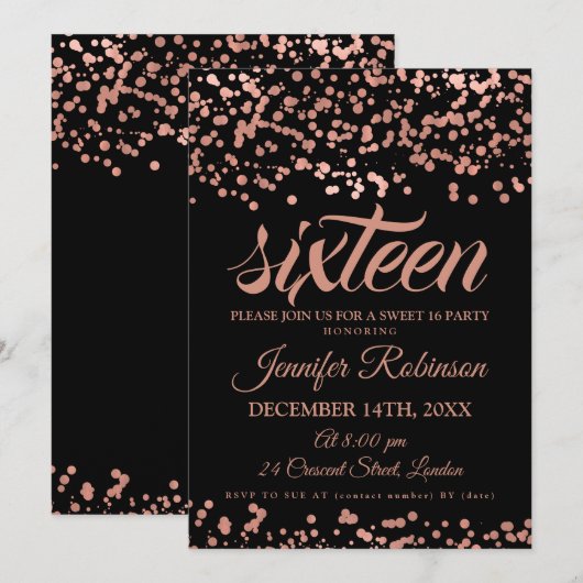 Invitation Elégant Sweet 16 Rose Gold & Black Foil Confetti (Devant / Derrière)