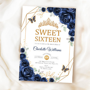 Invitation Élégant Sweet 16 Roses Bleu Nuit Or