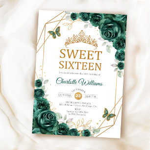 Invitation Élégant Sweet 16 Roses Émeraude Vert Or