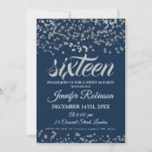 Invitation Elégant Sweet 16 Silver & Navy Foil Confetti (Devant)