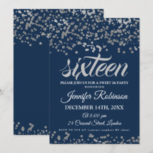 Invitation Elégant Sweet 16 Silver & Navy Foil Confetti