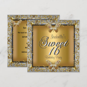 Invitation Elégant Sweet sixteen 16 Gold Butterfly