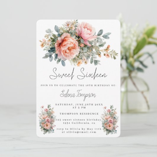 Invitation Elégant Sweet sixteen Aquarelle Anniversaire (Debout devant)