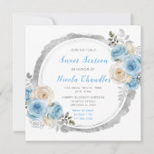 Invitation Elégant Sweet sixteen aux fleurs bleu foncé (Devant)