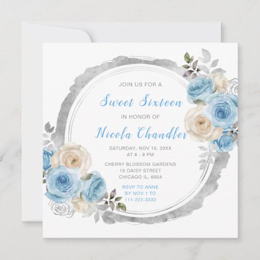 Invitation Elégant Sweet sixteen aux fleurs bleu foncé (Devant)