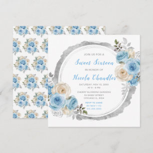 Invitation Elégant Sweet sixteen aux fleurs bleu foncé