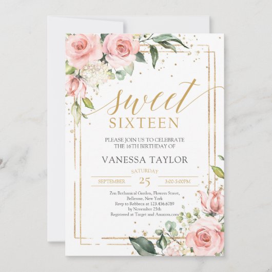 Invitation Élégant sweet sixteen boho rose rose floral or (Devant)