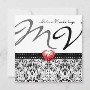 Invitation Élégant Sweet sixteen Damas noir et blanc