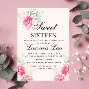 Invitation Elégant Sweet sixteen d'anniversaire Floral & Gold