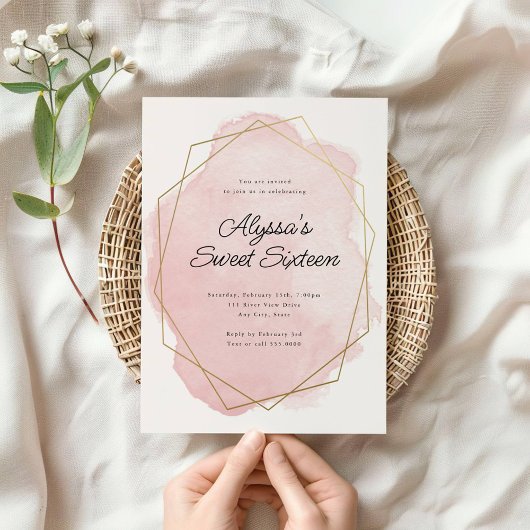 Invitation Elégant Sweet sixteen d'aquarelle rose