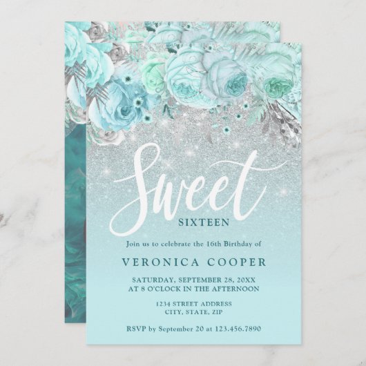 Invitation Élégant sweet sixteen de parties scintillant d'arg (Devant / Derrière)