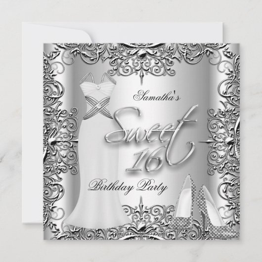 Invitation Élégant Sweet sixteen doux 16 Party argent blanc (Devant)