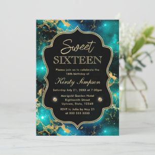 Invitation Elégant Sweet sixteen en marbre de Galaxie Verte e