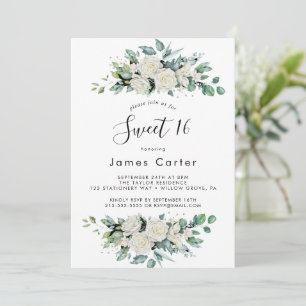 Invitation Elégant Sweet sixteen Floral Blanc Anniversaire