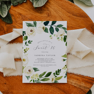 Invitation Elégant Sweet sixteen Floral Blanc Anniversaire