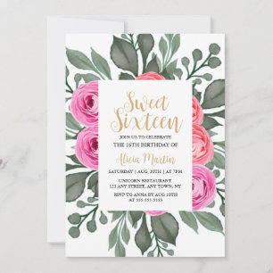 Invitation Élégant Sweet sixteen or rose rose de Flore Dusty