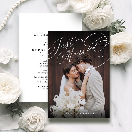 Invitation Elegant Swirl Script Just Married Photo Reception