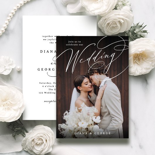 Invitation Elegant swirl script Simple Photo Wedding