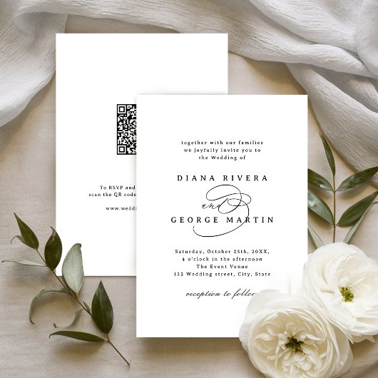 Invitation Elegant Swirl Script Simple QR code Wedding