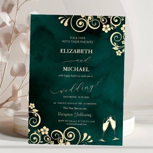 Invitation Elegant Swirls,Confetti Wine Glasses Wedding 