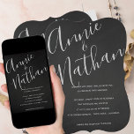 Invitation Elégant tableau noir minimaliste Mariage blanc noi<br><div class="desc">Élégant Faire-part de mariage de script de tableau de bord | Invitation moderne minimaliste noir et blanc. Annoncez votre grande journée dans un style intemporel avec cet élégant faire-part de mariage de script chalkboard. Doté d'un arrière - plan noir minimaliste et d'un magnifique script blanc manuscrit, ce mariage moderne allie...</div>