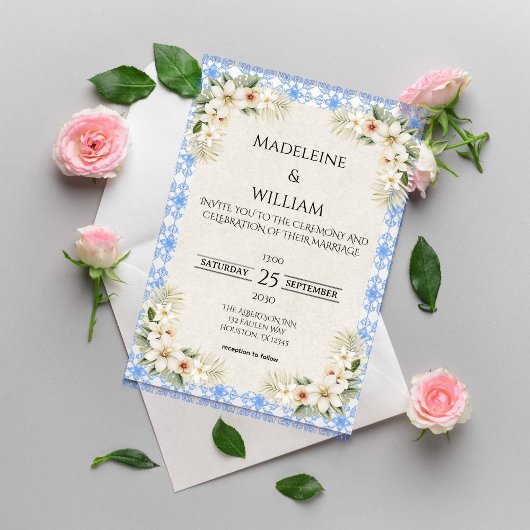 Invitation Elegant Talavera Blue Floral Bridal Shower