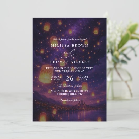Invitation Elegant Tangled Lanterns Budget QR Code Wedding (Debout devant)