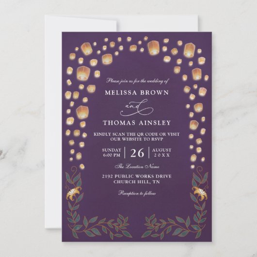Invitation Elegant Tangled Lanterns Budget QR Code Wedding (Devant)