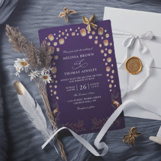 Invitation Elegant Tangled Lanterns Budget QR Code Wedding