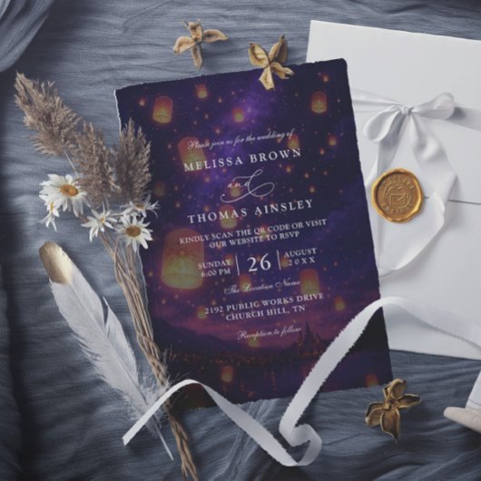 Invitation Elegant Tangled Lanterns Budget QR Code Wedding