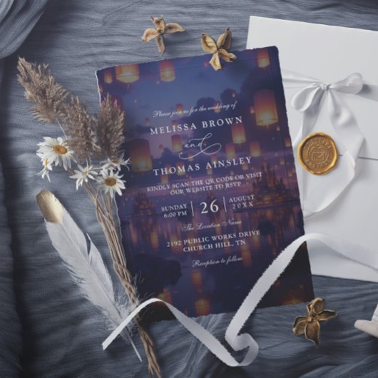 Invitation Elegant Tangled Lanterns Budget QR Code Wedding