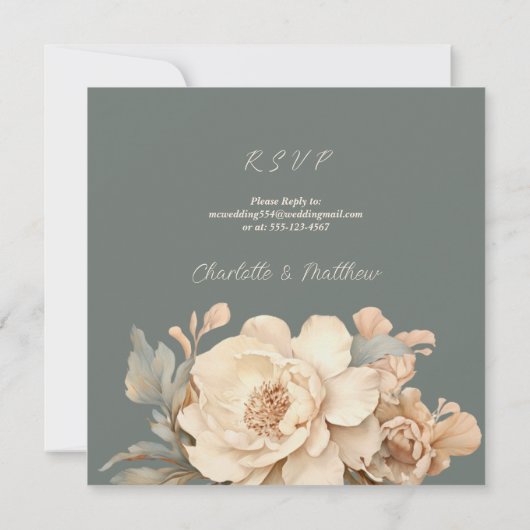 Invitation Élégant Taupe Avec Mariage Floral Vert (Dos)