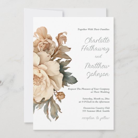 Invitation Élégant Taupe Avec Mariage Floral Vert (Devant)